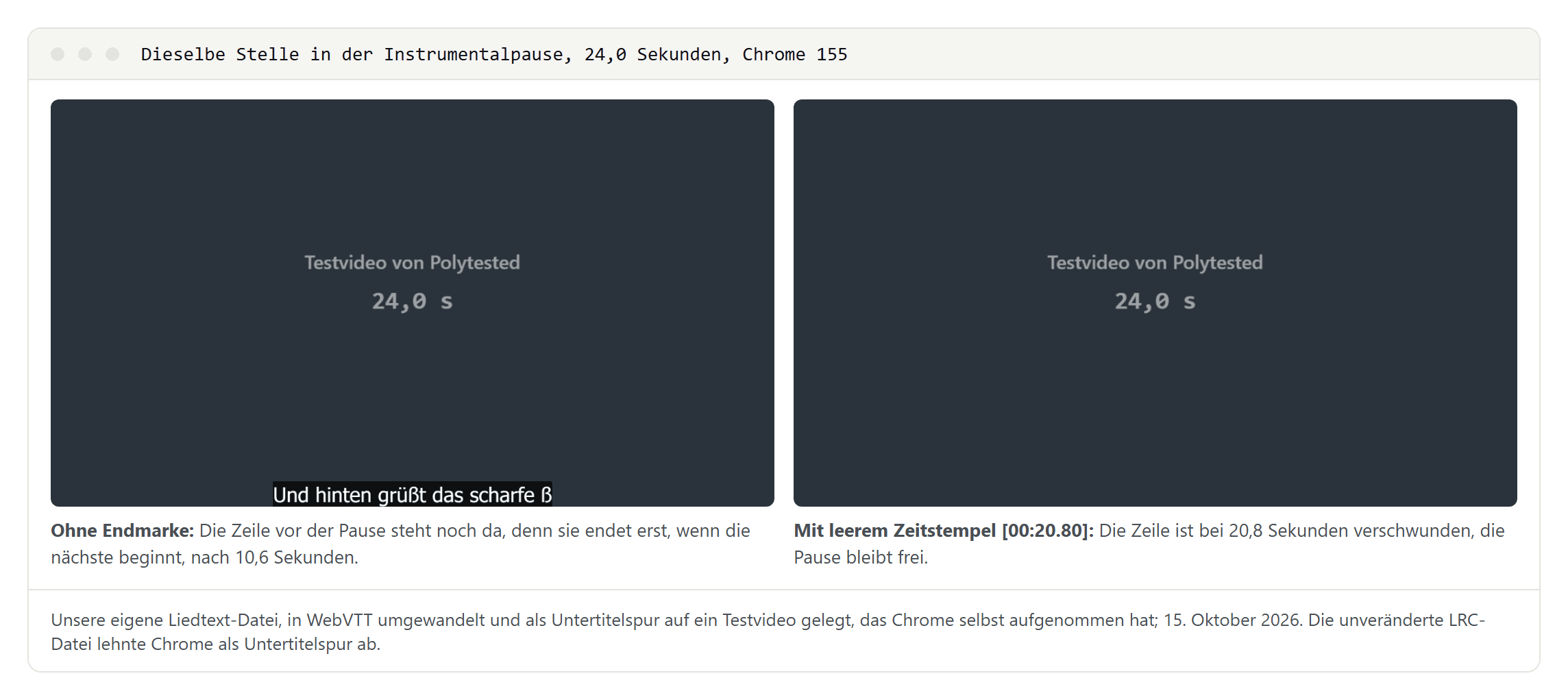 Zwei Bilder unseres Testvideos bei 24,0 Sekunden: links ohne Endmarke steht die Zeile Und hinten grüßt das scharfe ß noch im Bild, rechts mit leerem Zeitstempel als Endmarke ist der Untertitelbereich leer