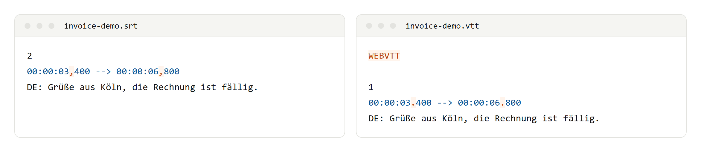 The same subtitle as an SRT block and as a WebVTT cue, with the WEBVTT header and the full stop in the timecode highlighted