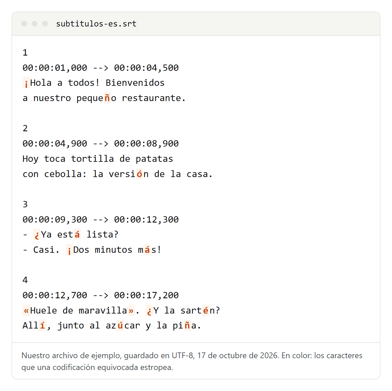 Archivo SRT con cuatro subtítulos en español, con números, códigos de tiempo y texto; las tildes, la eñe, los signos de apertura y las comillas angulares aparecen resaltados en naranja