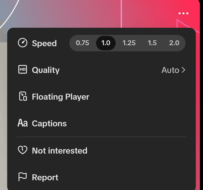 The menu behind the three dots on a TikTok video on the web, listing Speed, Quality, Floating Player, Captions, Not interested and Report