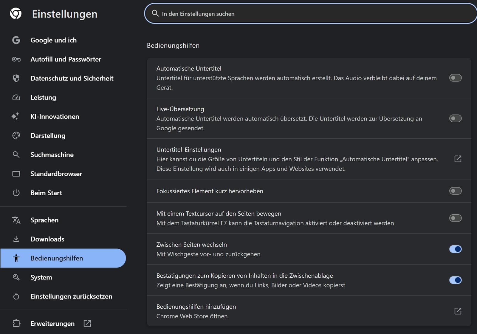 Chrome-Einstellungen, Bereich Bedienungshilfen, mit den Schaltern Automatische Untertitel und Live-Übersetzung und ihren Beschreibungen