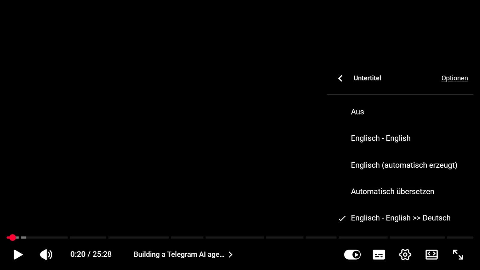 Das Menü „Untertitel“ im YouTube-Player mit den Einträgen Aus, Englisch - English, Englisch (automatisch erzeugt), Automatisch übersetzen und dem ausgewählten Eintrag für die ins Deutsche übersetzten englischen Untertitel