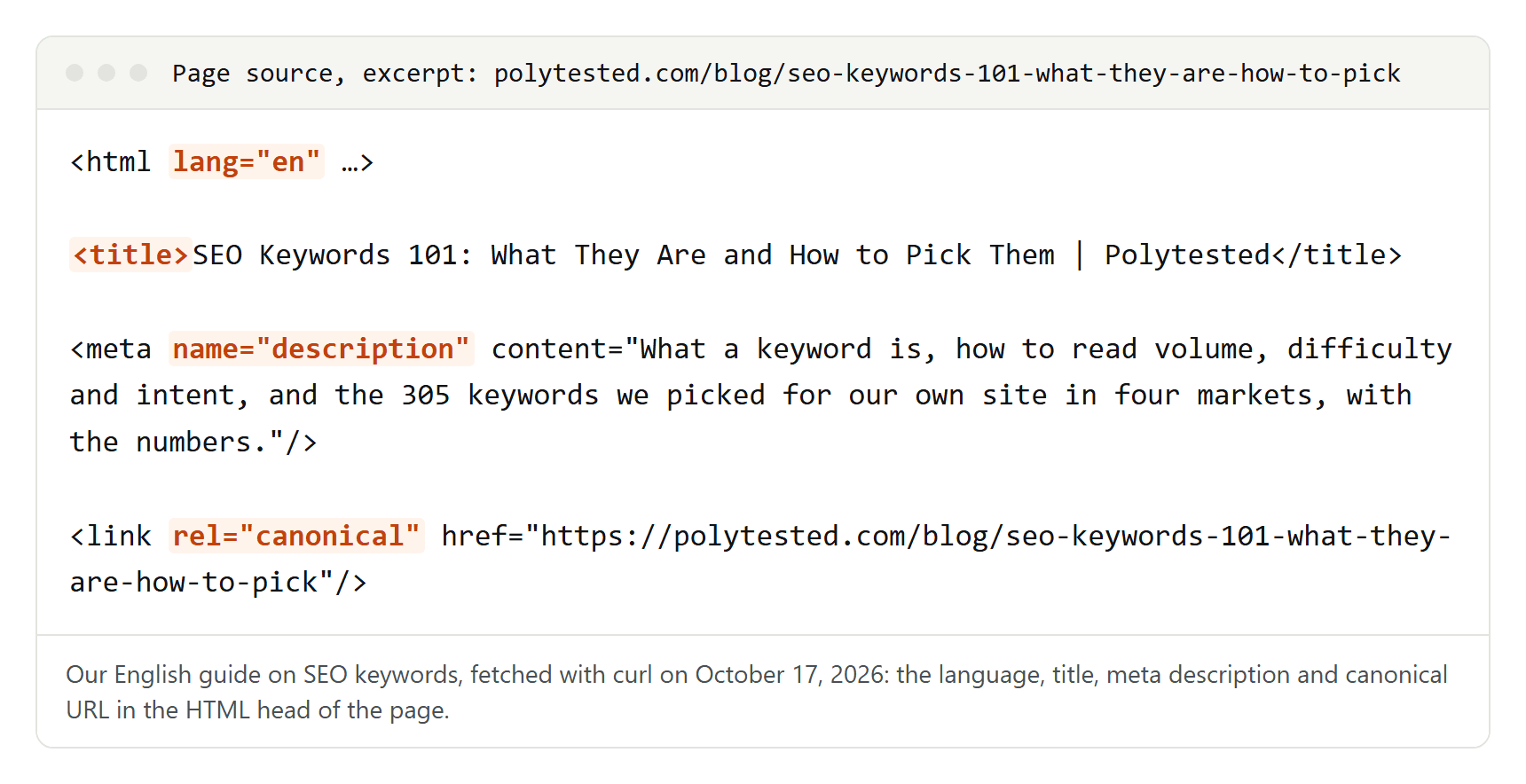 HTML excerpt of our English guide on SEO keywords with four lines highlighted: the language attribute, the title element, the meta description and the canonical link