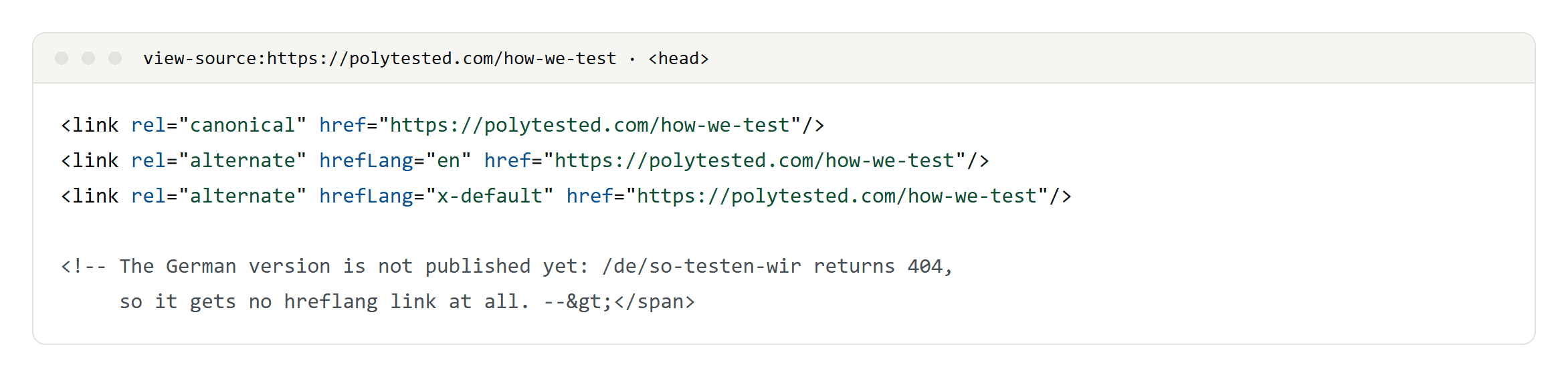 The head of polytested.com/how-we-test with only an English hreflang link and x-default