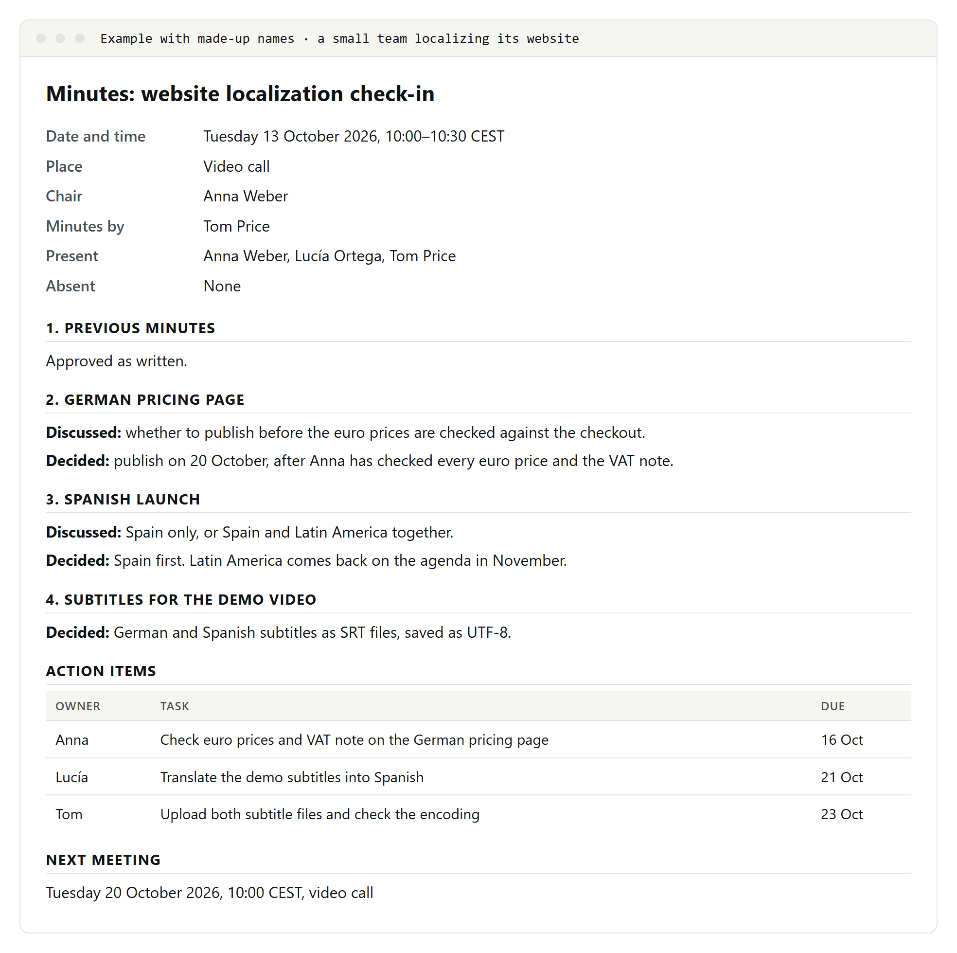 Filled-in meeting minutes for a website localization check-in with three made-up team members, three decisions and three action items