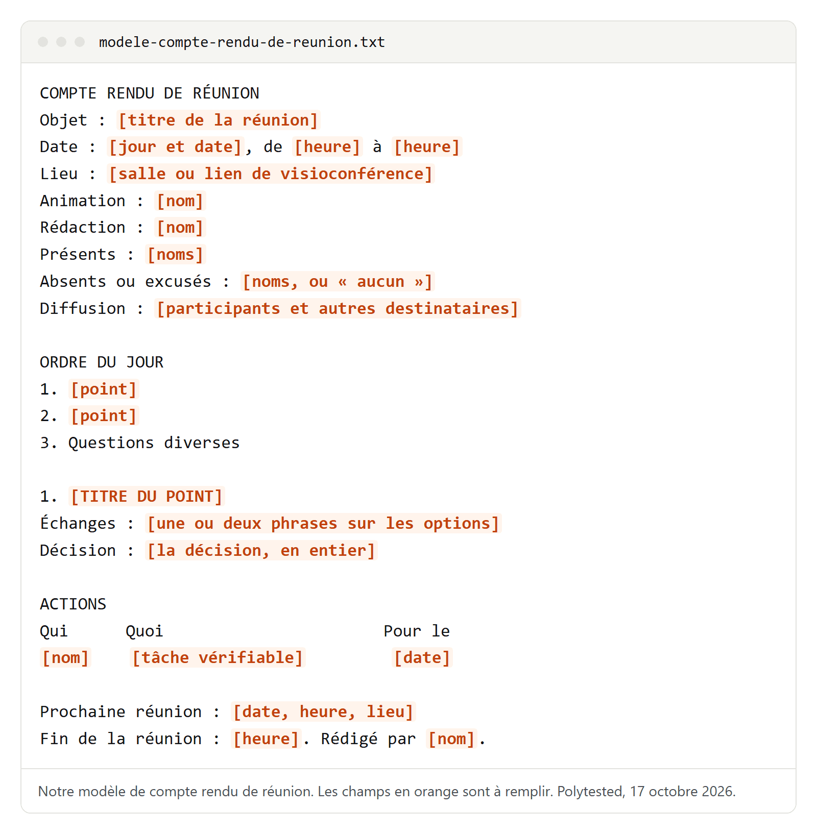 Modèle de compte rendu de réunion avec objet, date, lieu, animation, rédaction, présents, absents, diffusion, ordre du jour, échanges et décision par point, tableau des actions, prochaine réunion et heure de fin ; les champs à remplir sont en orange