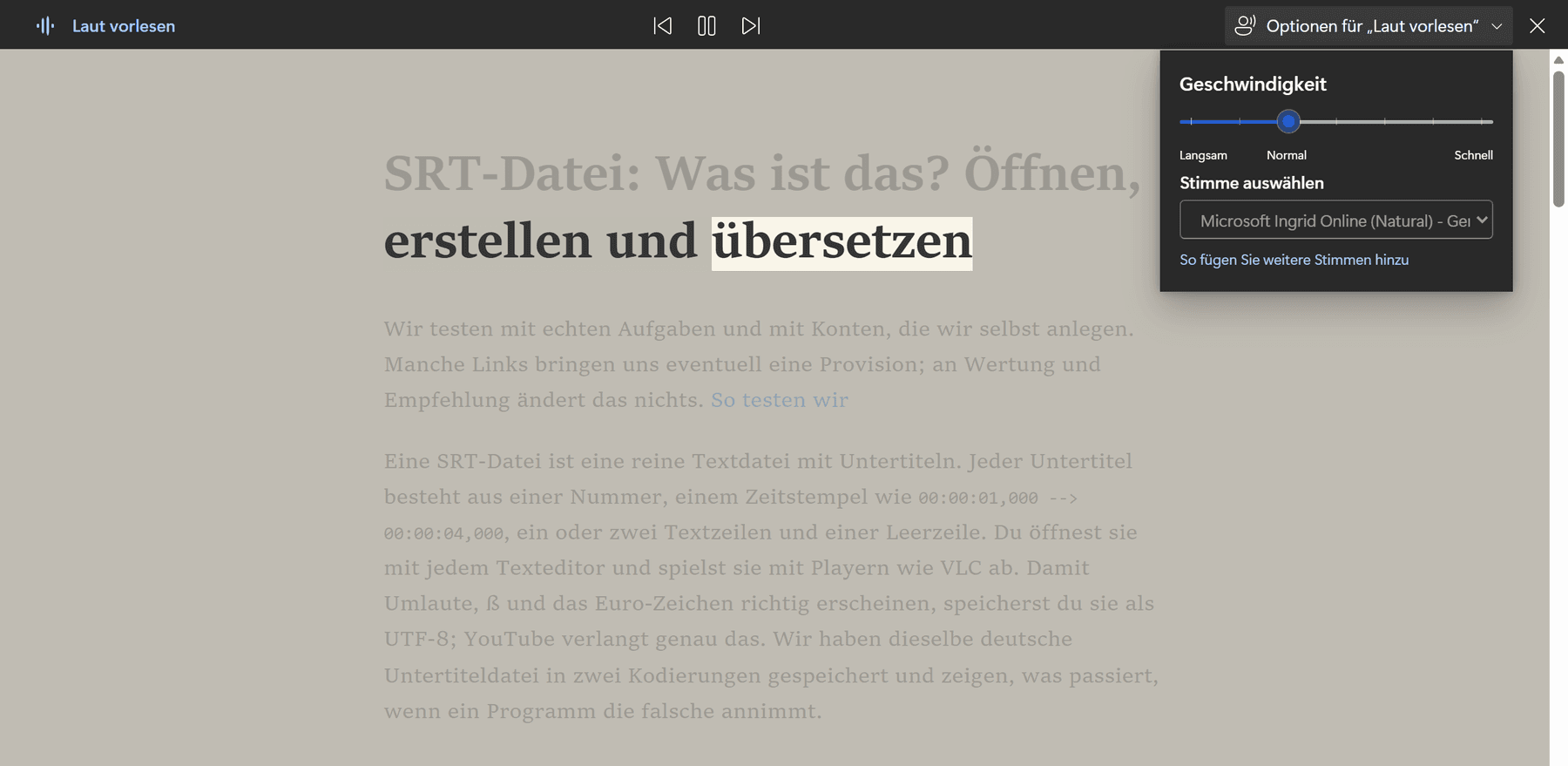 Edge liest unseren Ratgeber vor: Das Wort übersetzen in der Überschrift ist hervorgehoben, rechts oben das Fenster Optionen für Laut vorlesen mit dem Regler Geschwindigkeit und der Auswahl Stimme auswählen, eingestellt auf Microsoft Ingrid Online (Natural)