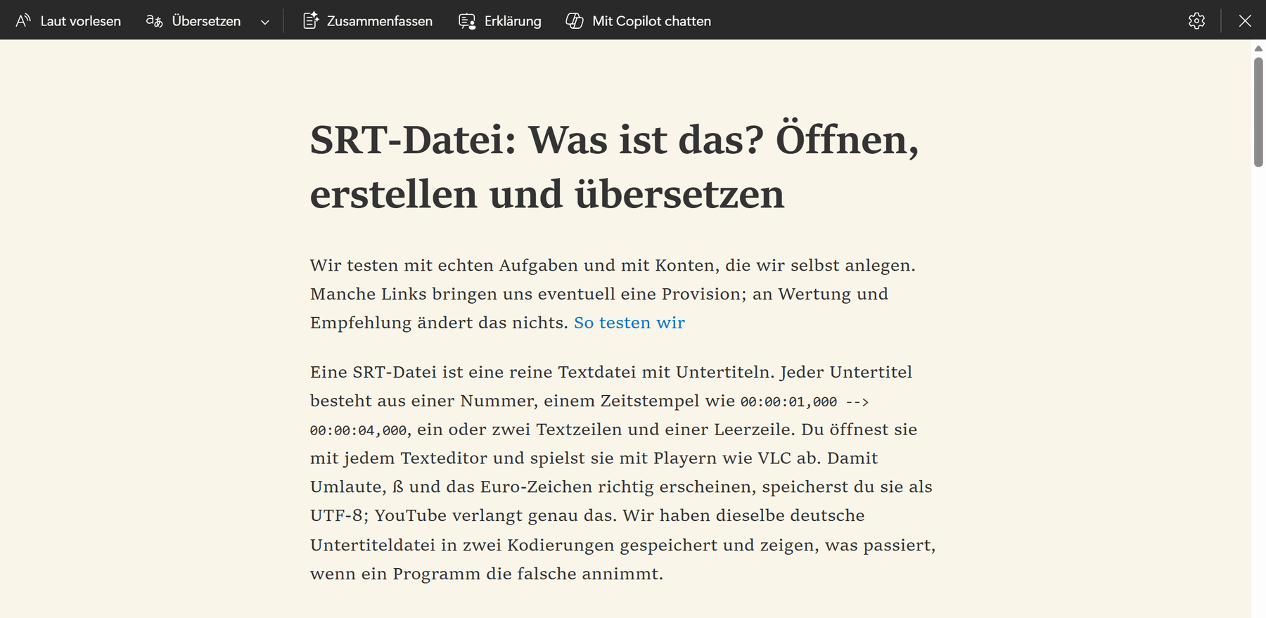 Unser Ratgeber zur SRT-Datei in der Leseansicht von Microsoft Edge; oben die Leiste mit Laut vorlesen, Übersetzen, Zusammenfassen, Erklärung und Mit Copilot chatten