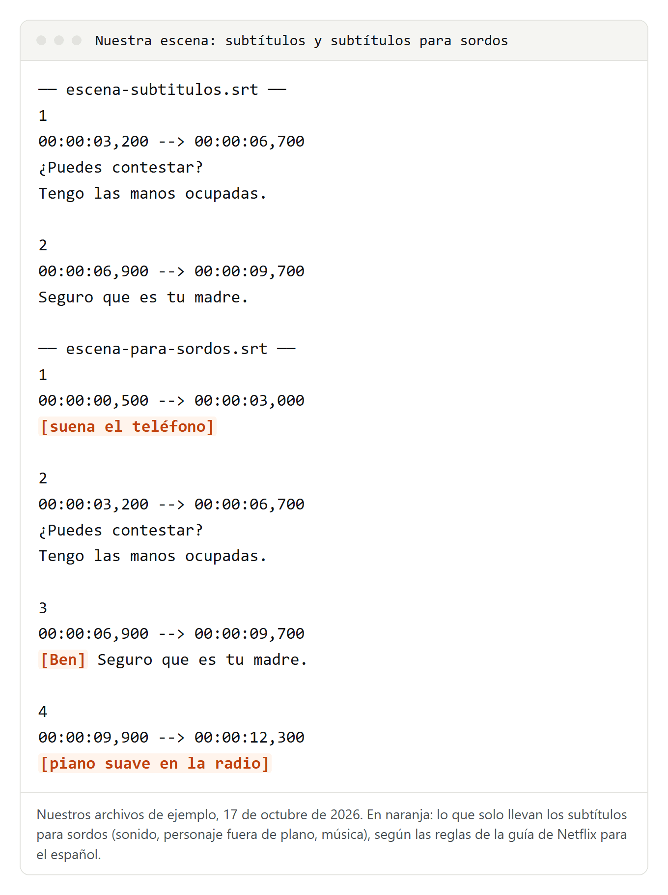 Dos archivos SRT de la misma escena: escena-subtitulos.srt solo con las dos frases, y escena-para-sordos.srt con el teléfono que suena, el nombre de Ben entre corchetes y el piano en la radio, resaltados en naranja