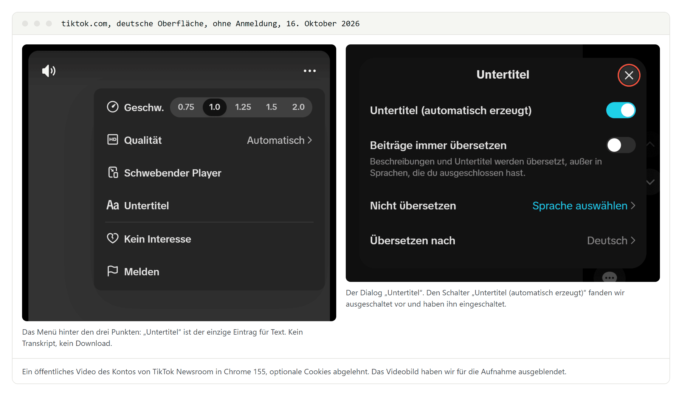 Links das Menü hinter den drei Punkten im TikTok-Player mit Geschw., Qualität, Schwebender Player, Untertitel, Kein Interesse und Melden, rechts der Dialog Untertitel mit den Schaltern Untertitel automatisch erzeugt und Beiträge immer übersetzen sowie Nicht übersetzen und Übersetzen nach Deutsch
