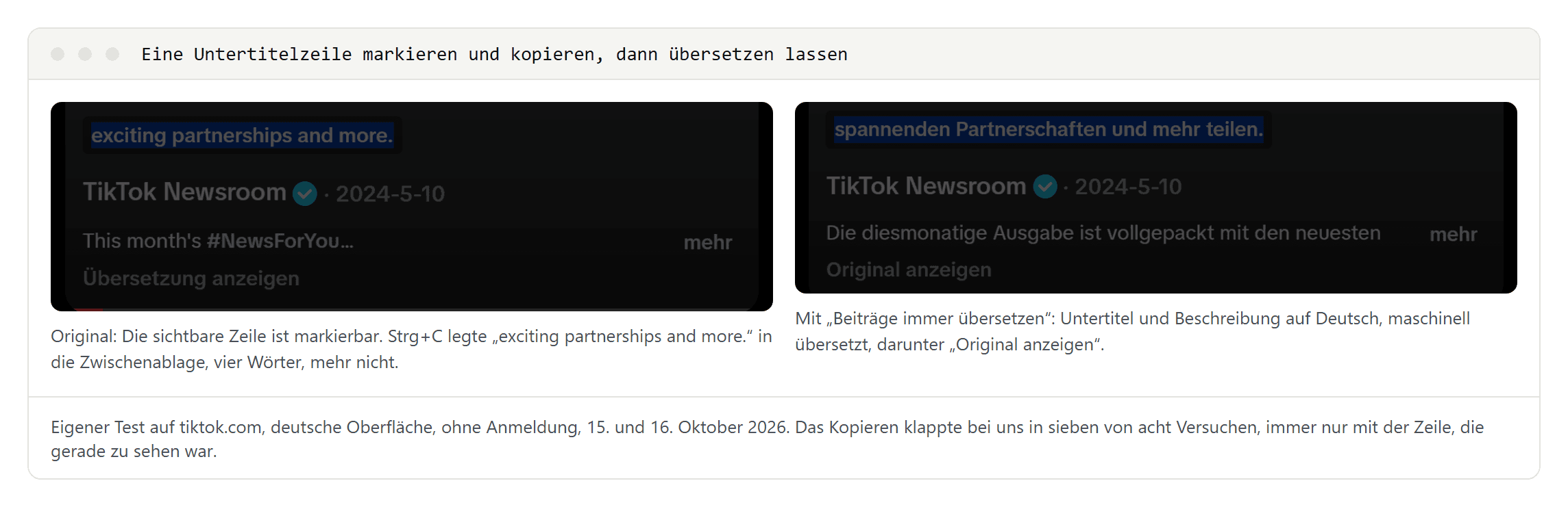 Links eine markierte englische Untertitelzeile exciting partnerships and more unter dem Player, rechts dieselbe Stelle mit maschinell übersetztem deutschen Untertitel spannenden Partnerschaften und mehr teilen und dem Link Original anzeigen