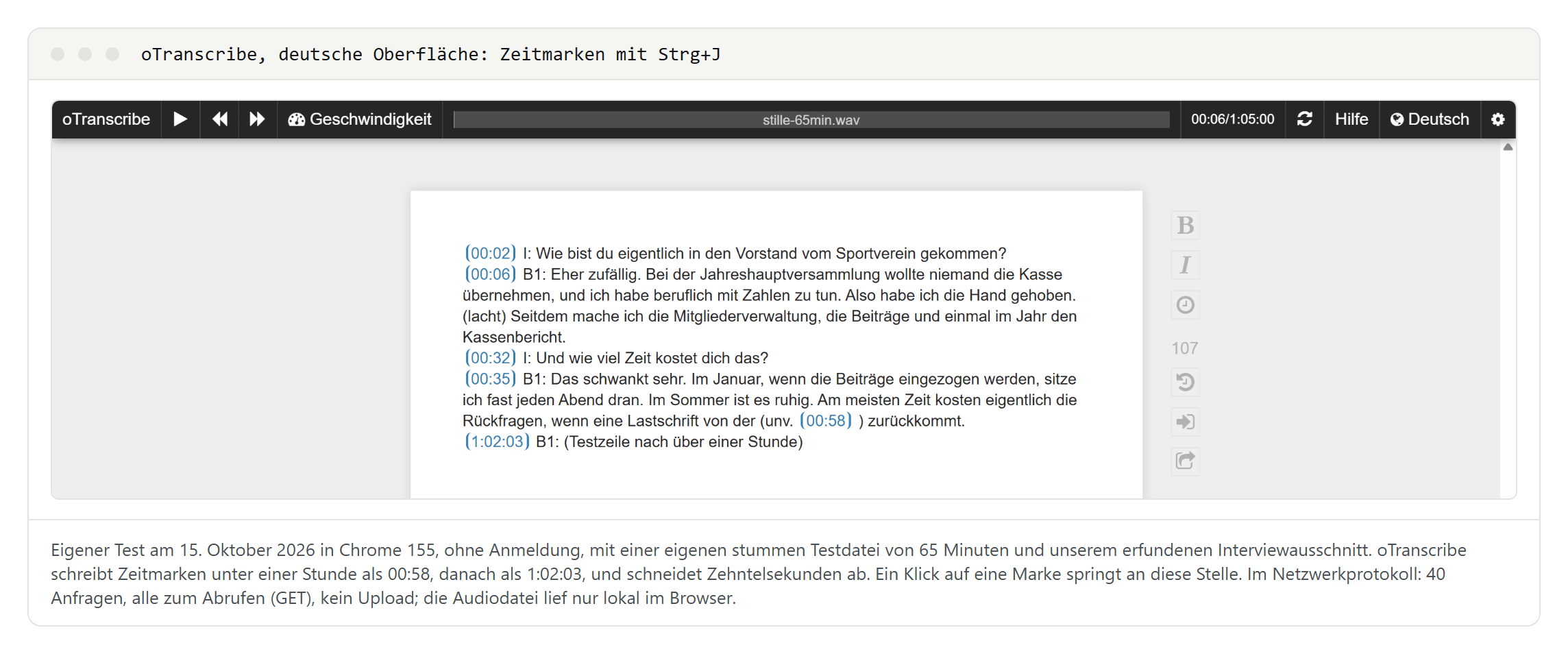 oTranscribe mit deutscher Oberfläche: unser erfundener Interviewausschnitt mit blauen Zeitmarken 00:02, 00:06, 00:32 und 00:35, einer Marke 00:58 an der unverständlichen Stelle und 1:02:03 nach über einer Stunde
