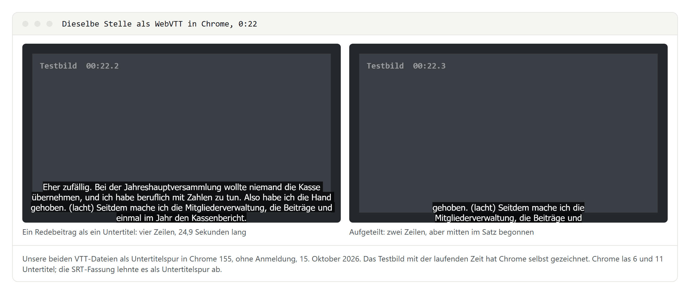 Zwei Bilder aus Chrome an derselben Stelle: links der ungeteilte Redebeitrag als vierzeiliger Textblock im unteren Bildviertel, rechts die geteilte Fassung mit zwei Zeilen, die mitten im Satz beginnen