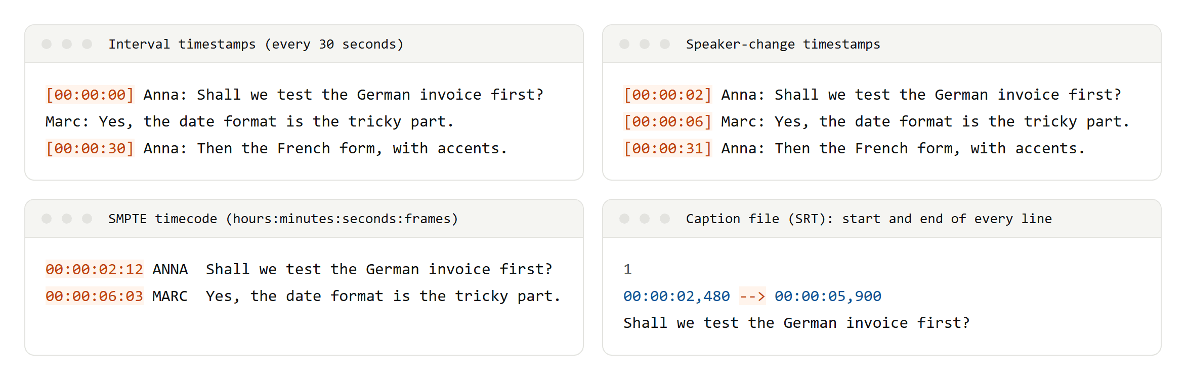 The same short conversation with interval timestamps, speaker-change timestamps, SMPTE timecode and as an SRT caption cue