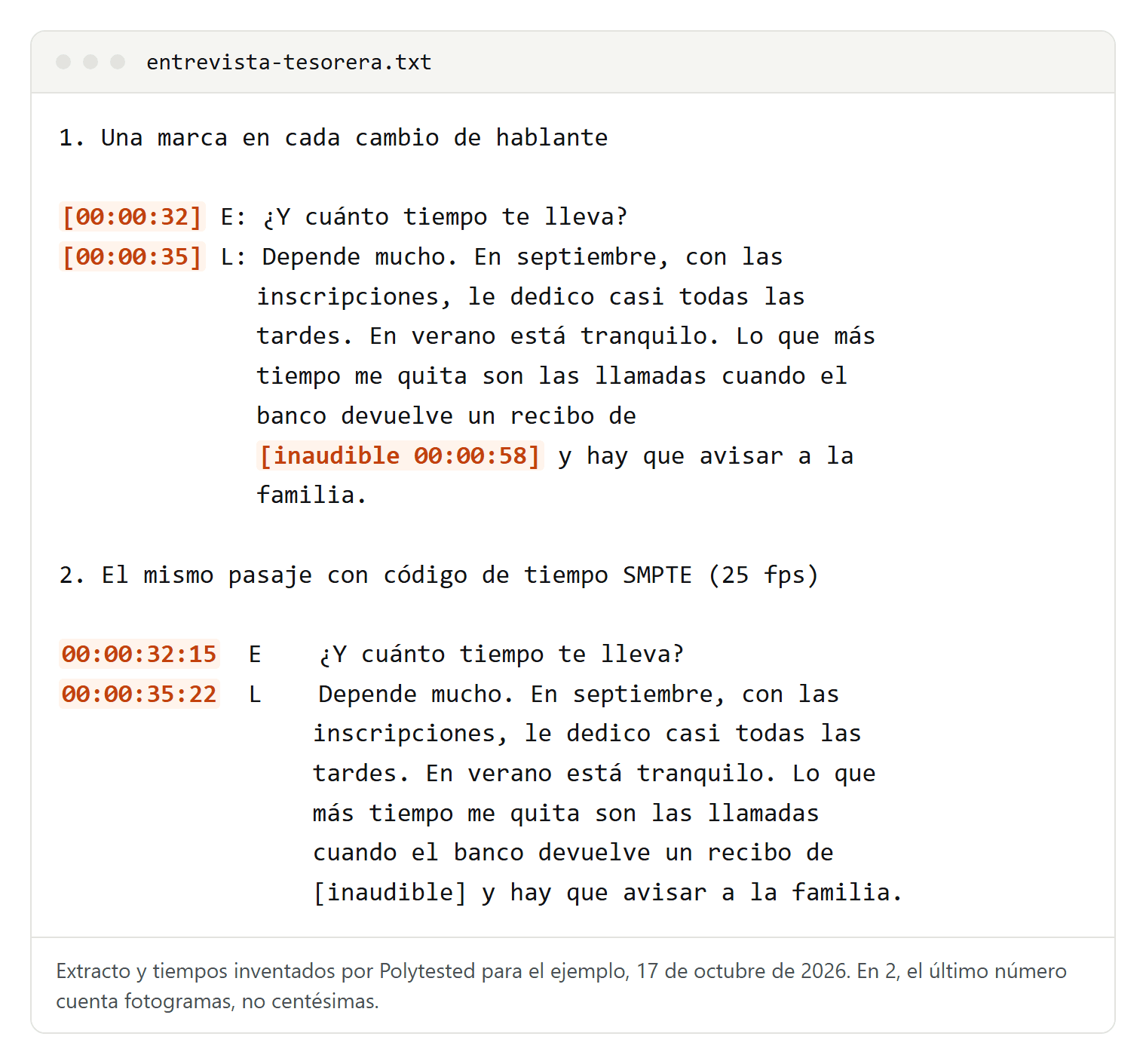 El mismo pasaje de una entrevista inventada escrito dos veces: con una marca de tiempo entre corchetes en cada cambio de hablante y otra en la palabra inaudible, y con código de tiempo SMPTE a 25 fotogramas por segundo