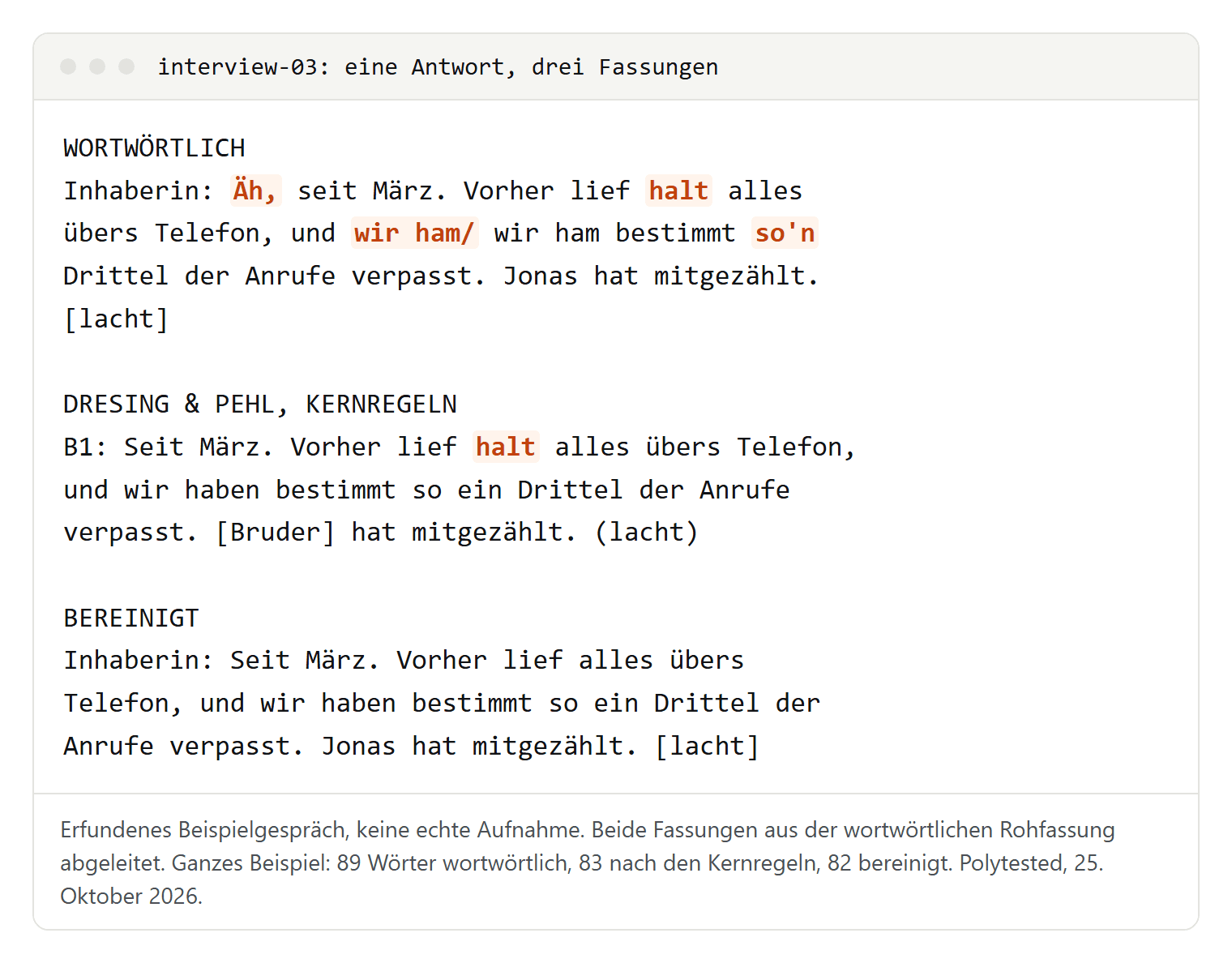 Eine Antwort aus dem erfundenen Interview in drei Fassungen: wortwörtlich mit äh, halt, einer Wortdoppelung und so'n, nach den Kernregeln von Dresing und Pehl mit halt und Platzhalter für den Namen, und bereinigt ohne Füllwörter