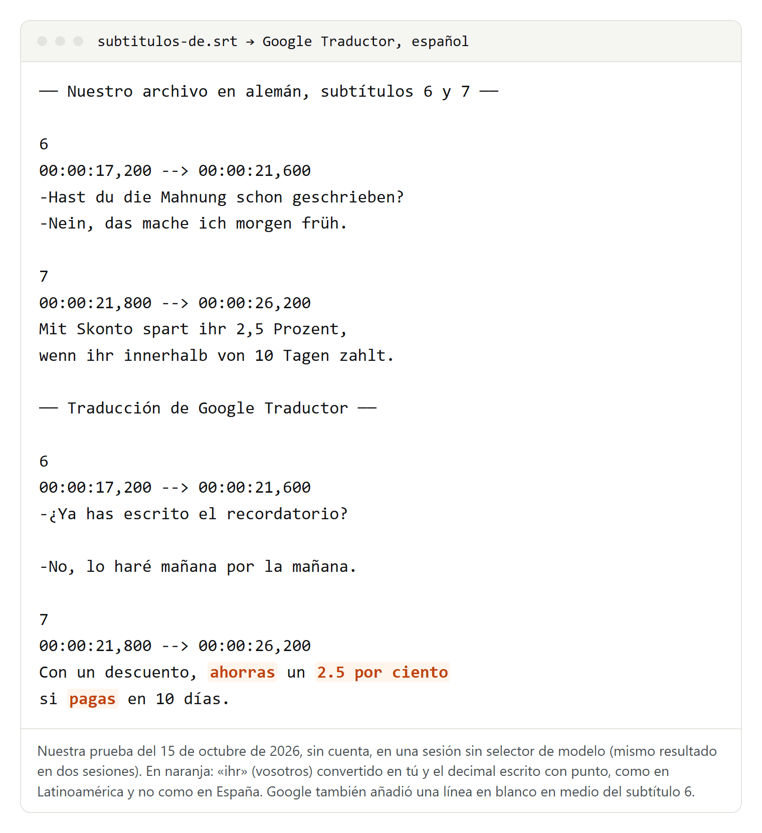 Dos subtítulos de nuestro archivo en alemán y su traducción al español con Google Traductor: el vosotros del original pasa a tú, el decimal aparece con punto en lugar de coma y hay una línea en blanco añadida en medio del subtítulo 6