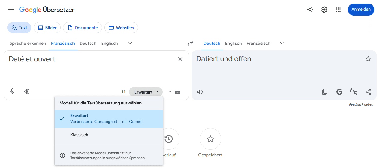 Google Übersetzer mit dem geöffneten Menü Modell für die Textübersetzung auswählen: Erweitert, Verbesserte Genauigkeit mit Gemini, ausgewählt, und Klassisch, darunter der Hinweis, dass das erweiterte Modell nur Textübersetzungen in ausgewählten Sprachen unterstützt