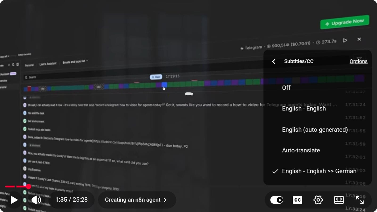 YouTube player with the Subtitles/CC menu open: Off, English - English, English (auto-generated), Auto-translate, and the English track translated into German, checked