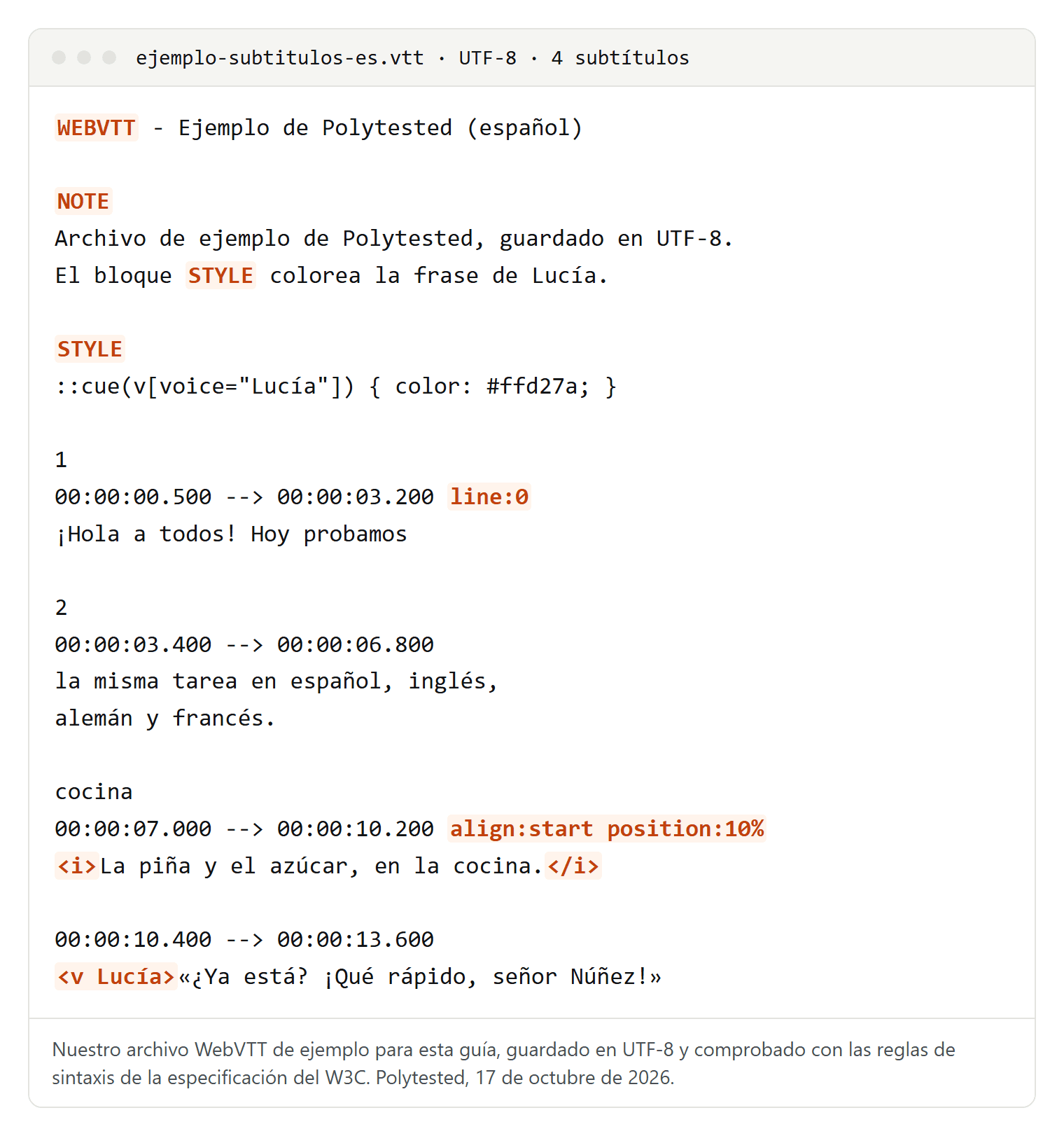 Archivo WebVTT con la cabecera WEBVTT, un comentario NOTE, un bloque STYLE y cuatro subtítulos en español con sus códigos de tiempo, ajustes como line:0 y etiquetas como i y v Lucía
