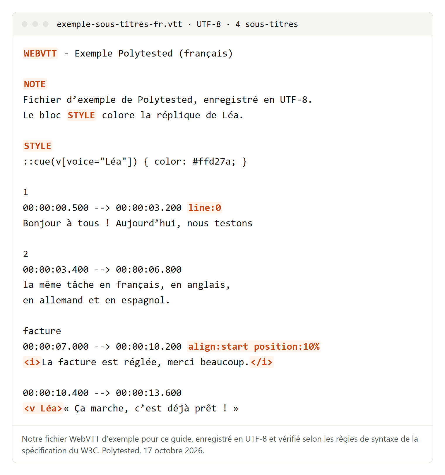 Fichier WebVTT avec la ligne d'en-tête WEBVTT, un commentaire NOTE, un bloc STYLE et quatre sous-titres en français avec leurs codes temporels, des réglages comme line:0 et des balises comme i et v Léa