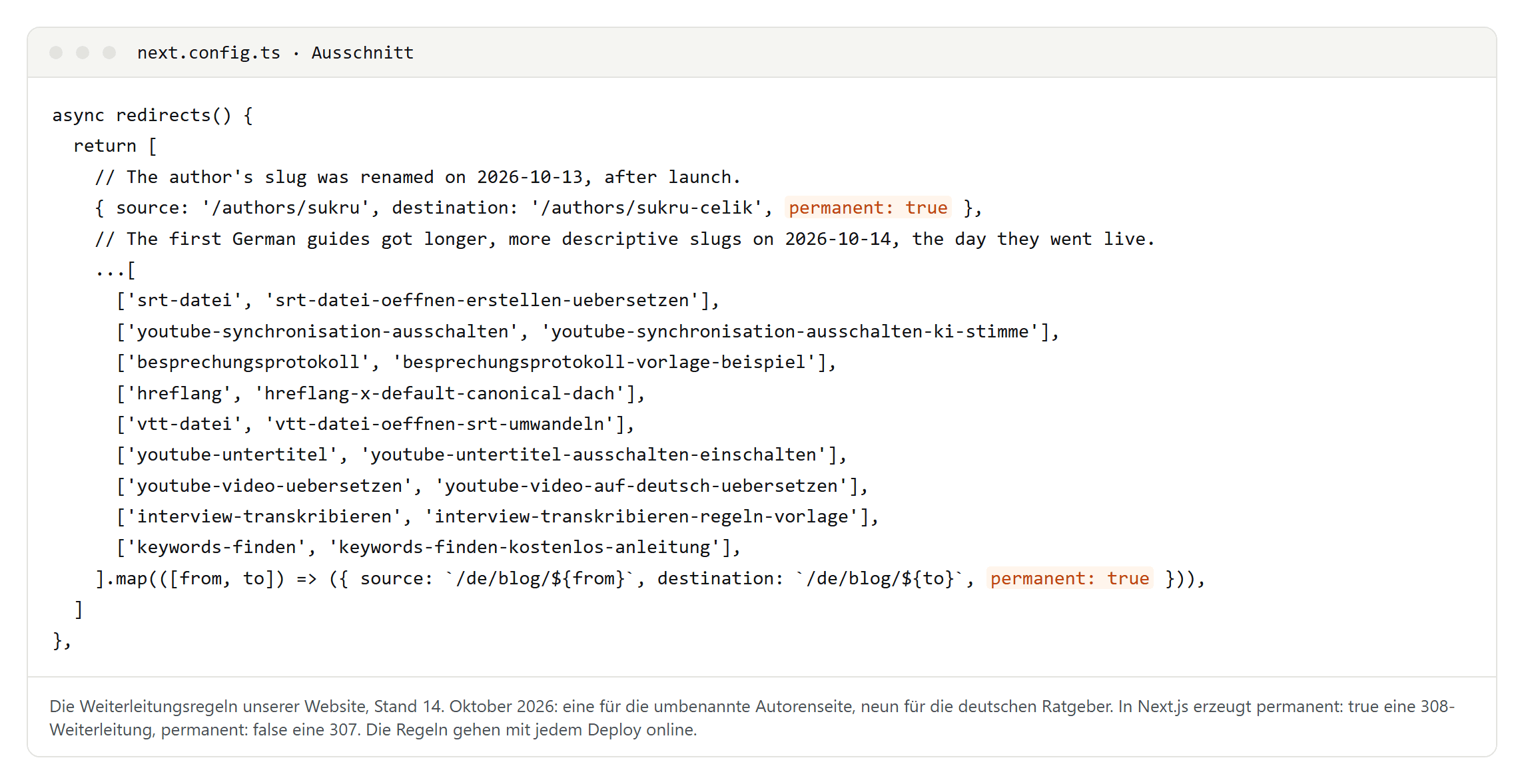 Ausschnitt aus der Datei next.config.ts mit der Funktion redirects: eine Regel für die Autorenseite und neun Paare aus altem und neuem Slug, jeweils mit permanent true