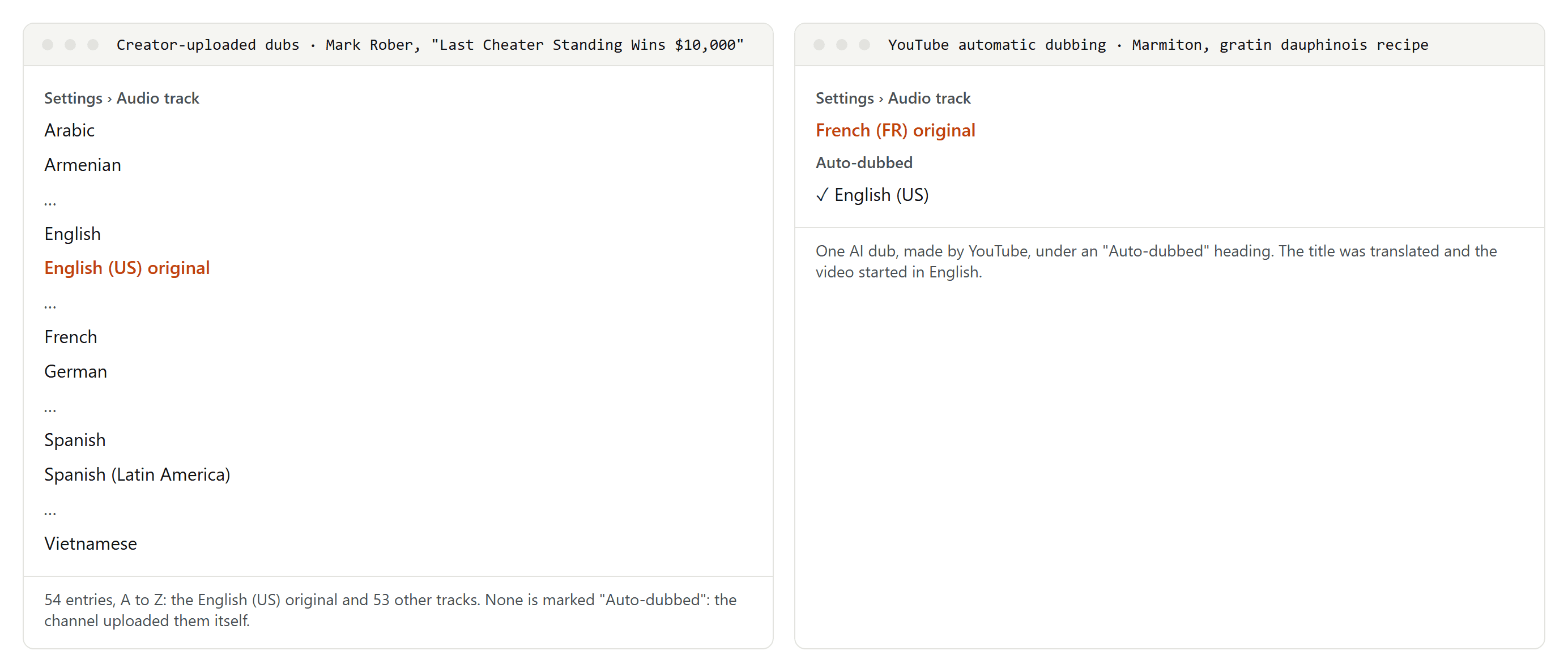 Two Audio track menus on YouTube. Left: Mark Rober's video with 54 entries from Arabic to Vietnamese, the English original among them. Right: a Marmiton recipe video with the French original and one auto-dubbed English track.