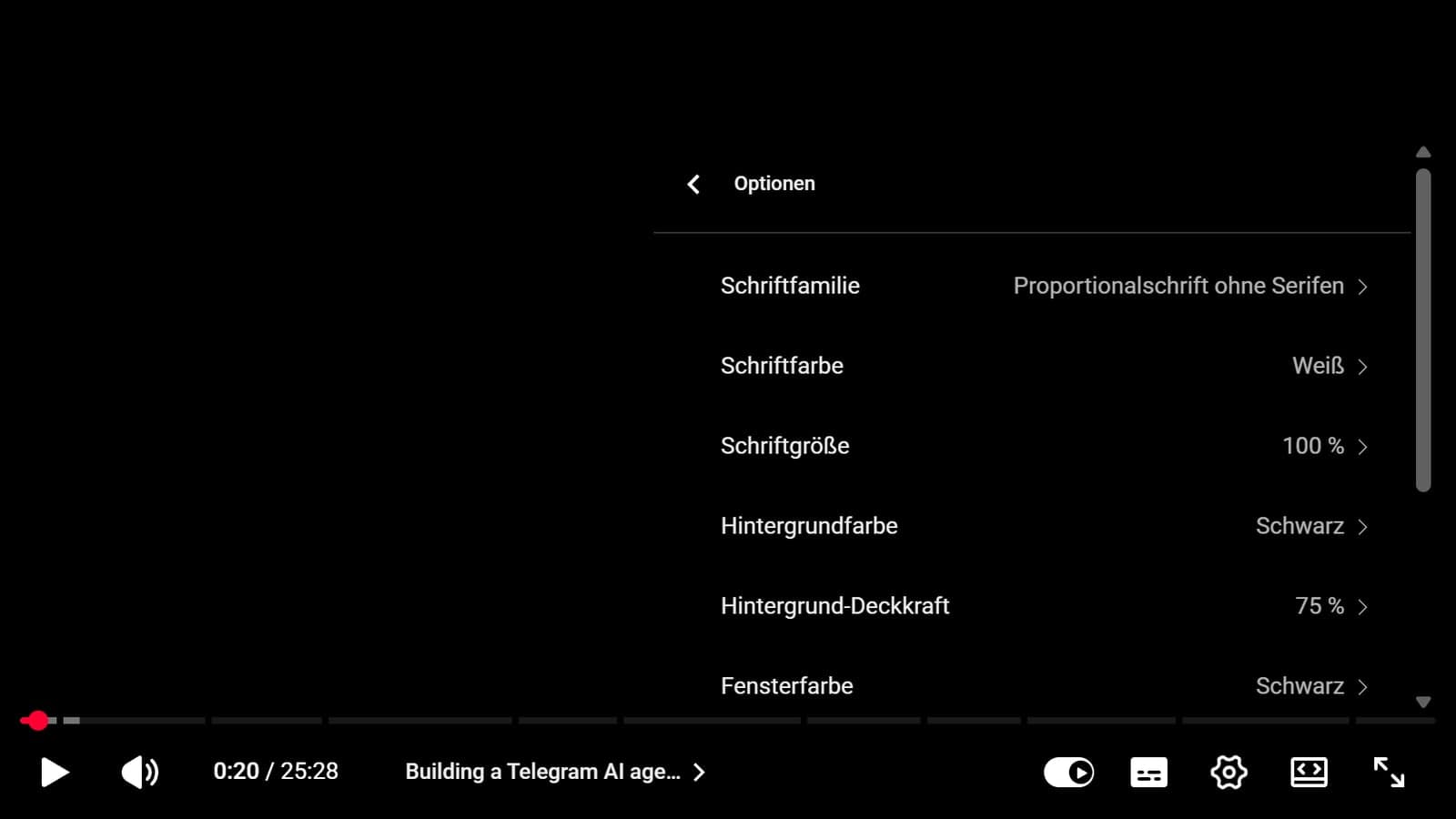 Das Menü „Optionen“ für Untertitel im YouTube-Player: Schriftfamilie, Schriftfarbe, Schriftgröße, Hintergrundfarbe, Hintergrund-Deckkraft und Fensterfarbe mit den aktuellen Werten