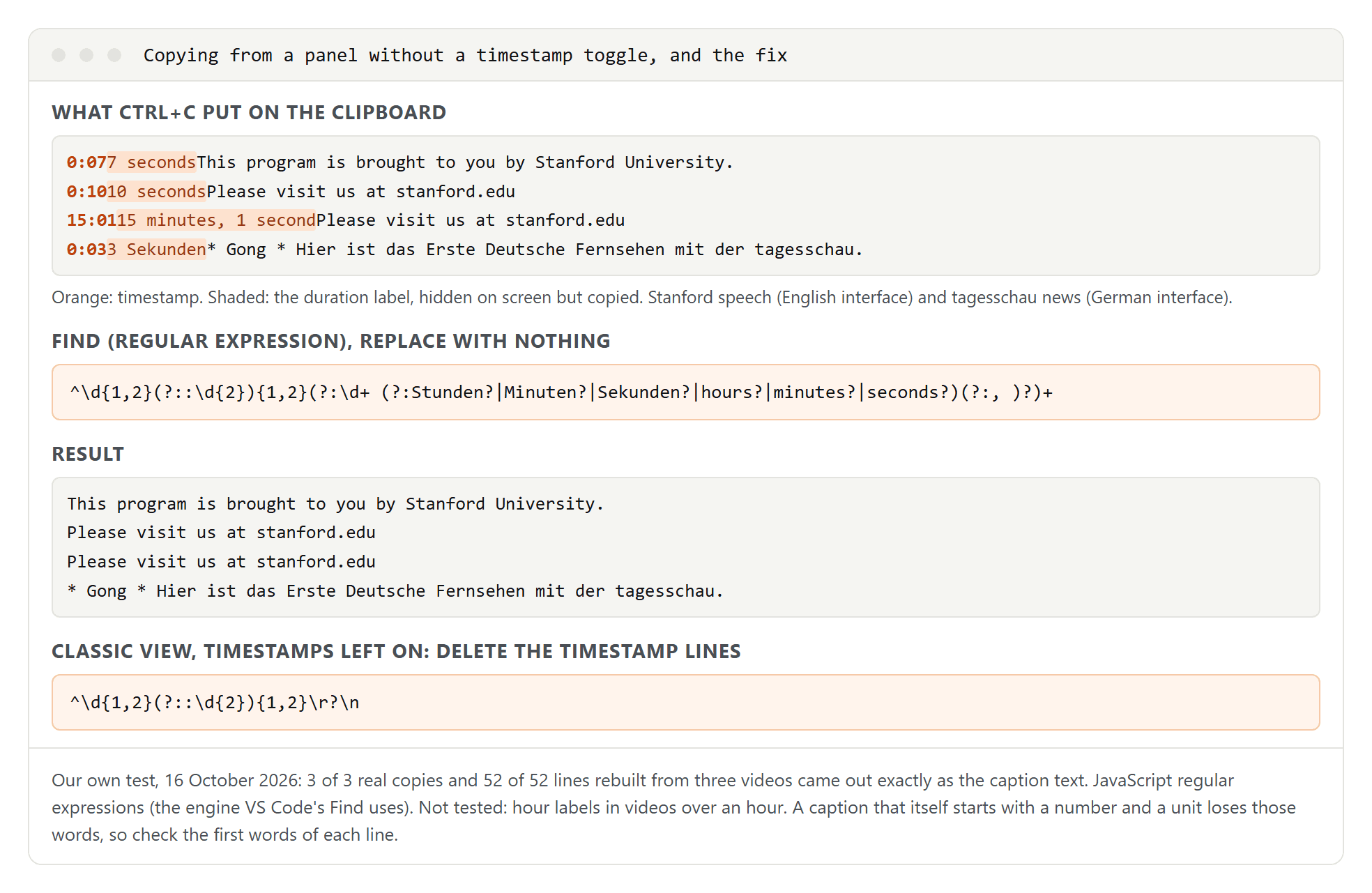 Copied transcript lines with the timestamp and a hidden duration label glued to the text, the find pattern that removes both, and the clean result
